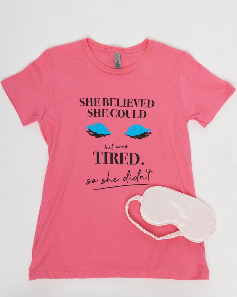Front of a size L Unique Vintage She Believed She Could Pink Fitted Womens Graphic Tee in Pink by Unique Vintage. | dia_product_style_image_id:299011